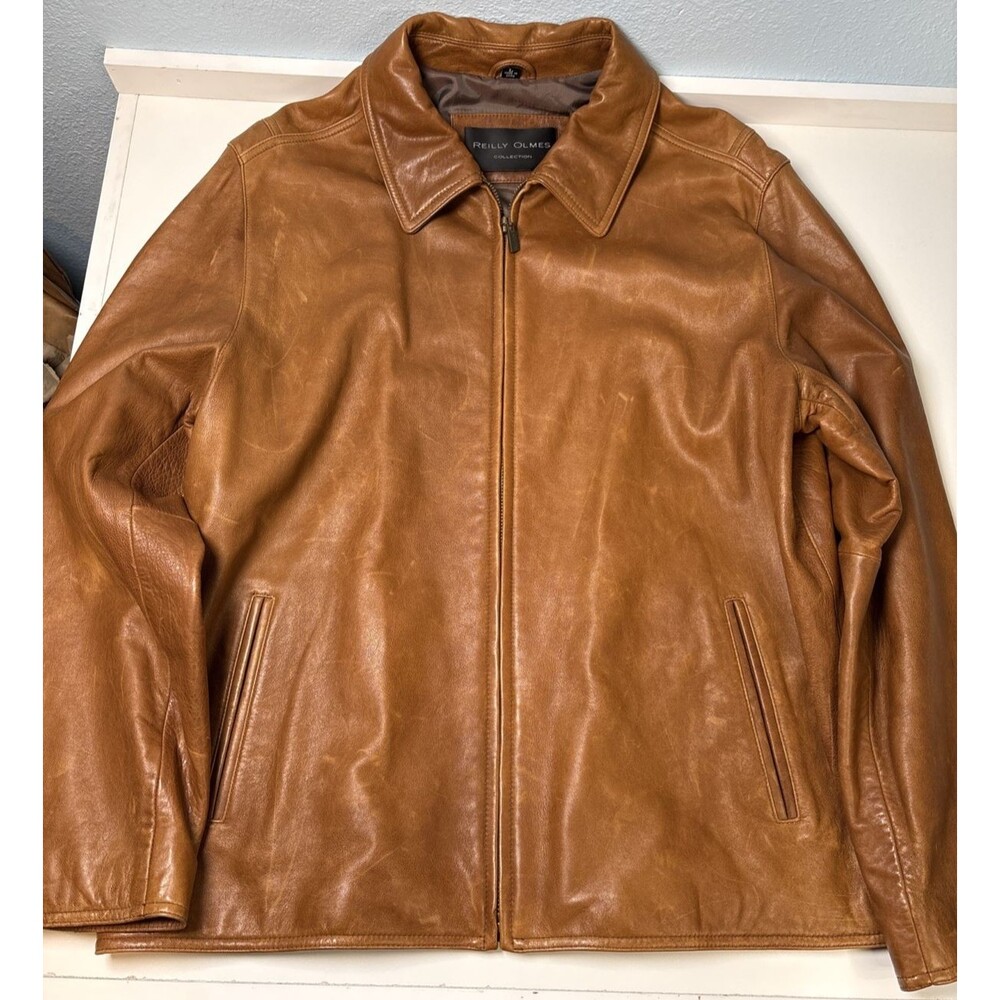 Reilly Olmes Large Leather Jacket Mens Tan Brown‎ Good Zip Front Harrington Moto